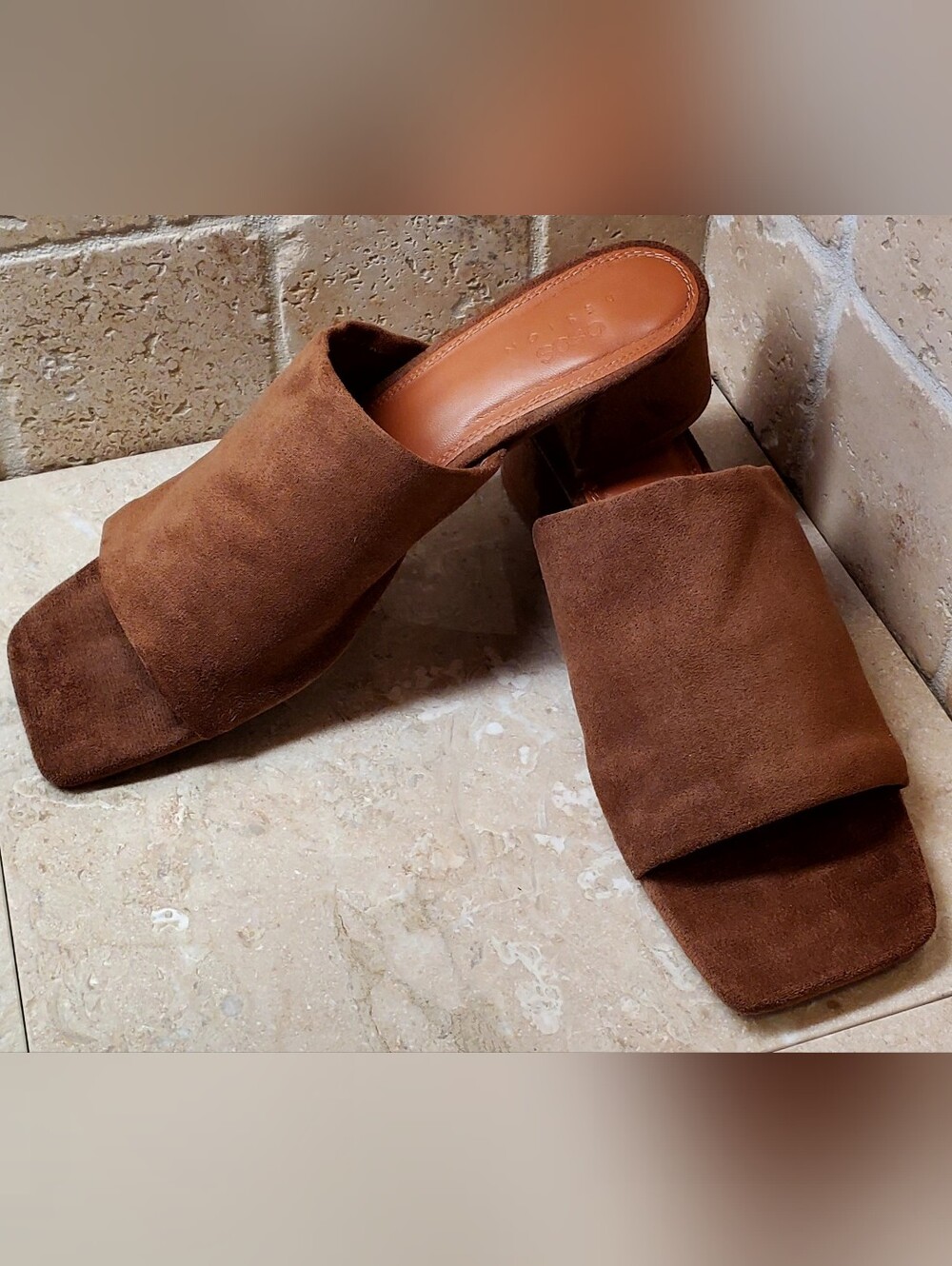 ASOS Design Nyla Heeled Mule Square Toe Sz8 Brown  Vegan Suede Slide Pump Sandal - Picture 10 of 10